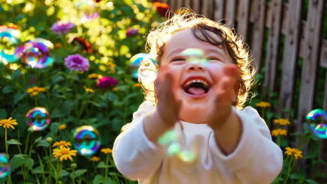 happy baby playing with bubbles in a garden