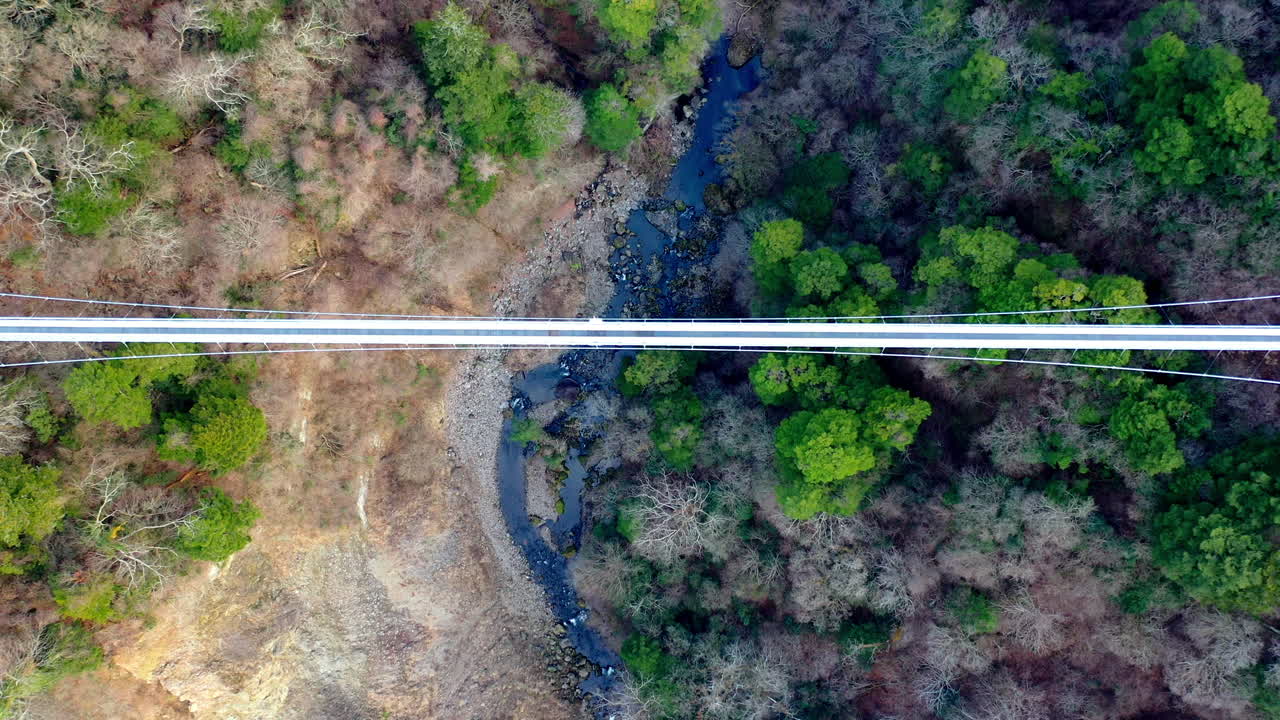 현수교 kokonoe yume otsurihasi의 하향 각도 드론 샷