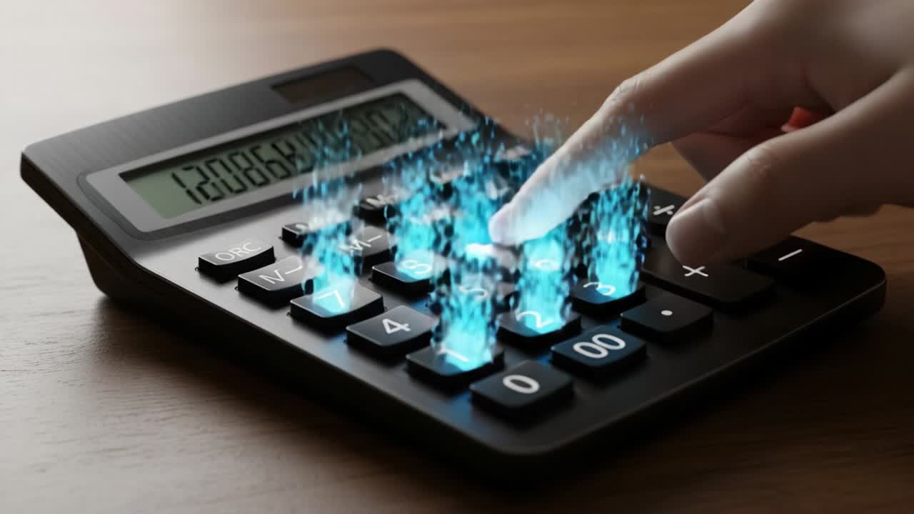 A Detailed View of a Calculator in Use, Showcasing the Interaction Between Human Input and Digital Display with Dynamic Visual Effects