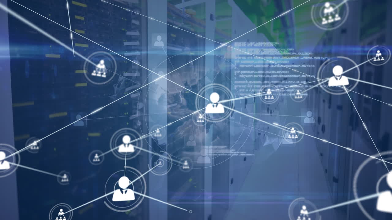 Animation of network of people icons and data processing over computer server room