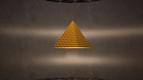 pirámide amarilla brillante girando lentamente en el aire, dentro de un espacio mínimo, con mapa de relieve aplicado, cámara de animación 3d alejada lentamente