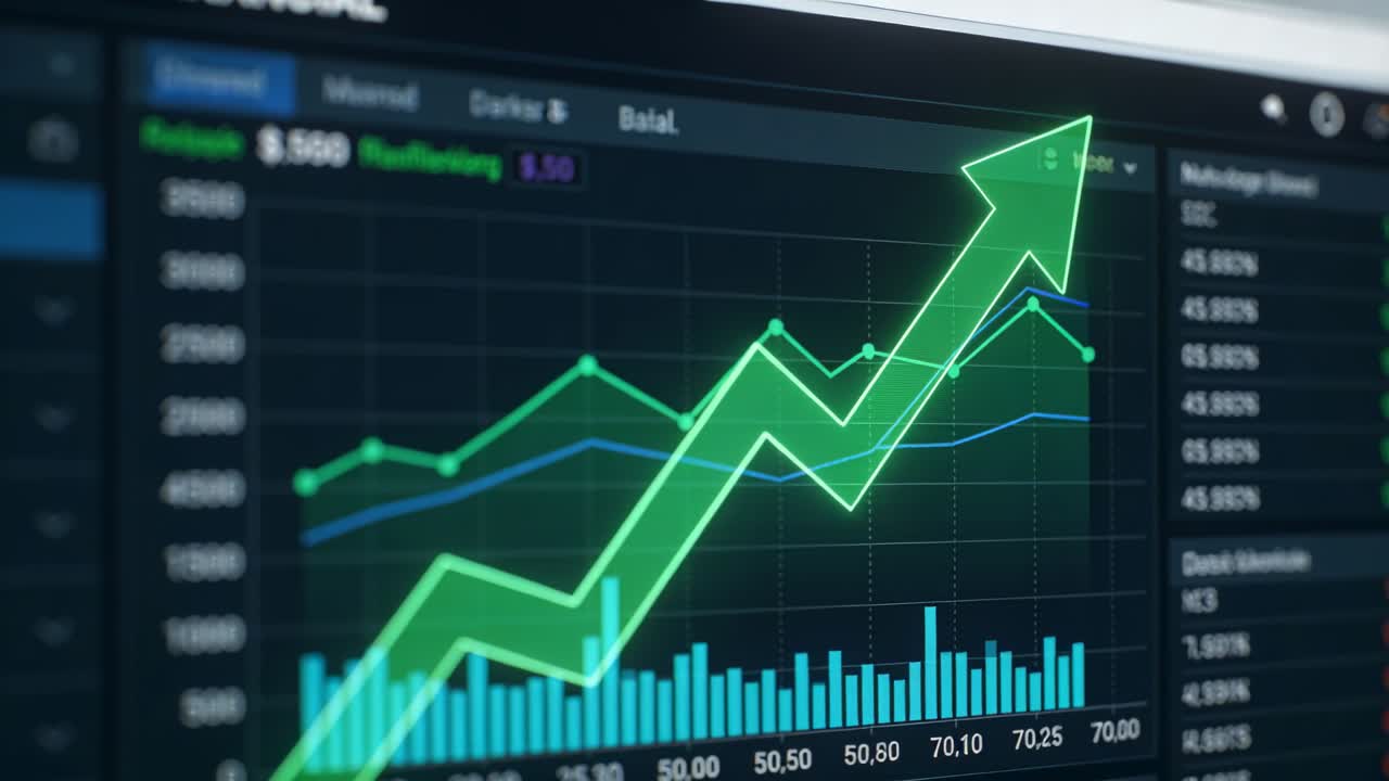 Dashboard finanziaria che si aggiorna su un monitor sulla scrivania all'arrivo dei dati, con una freccia verde che sale verso l'alto a destra.