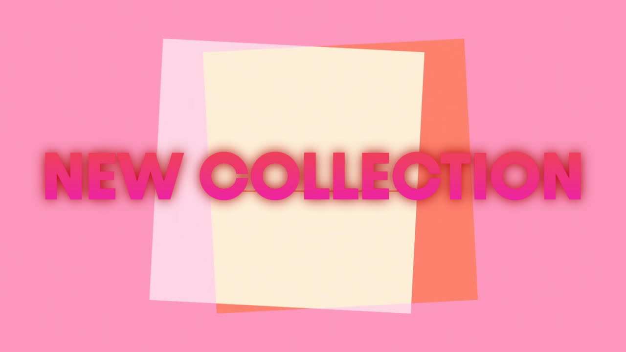New collection text animation over layered pastel-colored squares on pink background