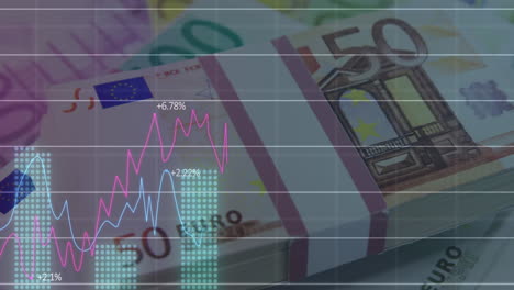 animation of financial data processing over euro banknotes