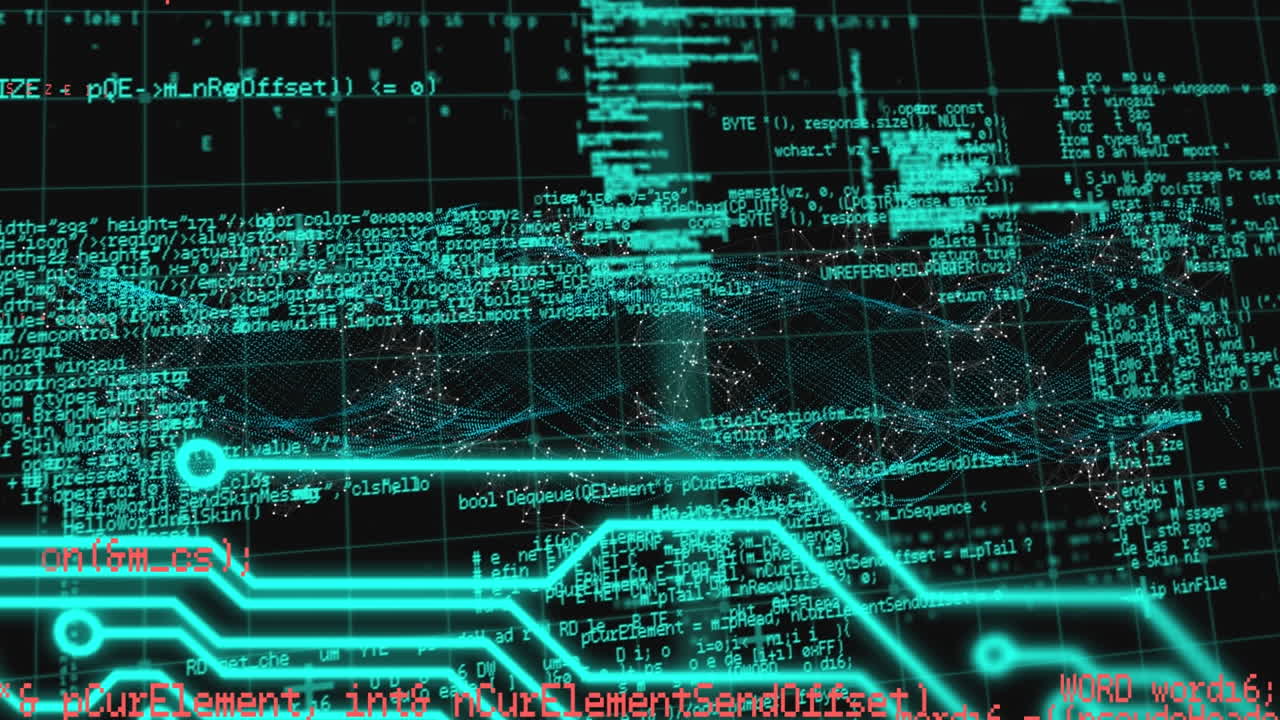 Animation of computer circuit board and data processing over black background