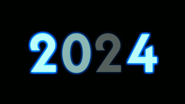 Numero 2024 blu neon tremolante in animazione grafica in movimento su sfondo nero.