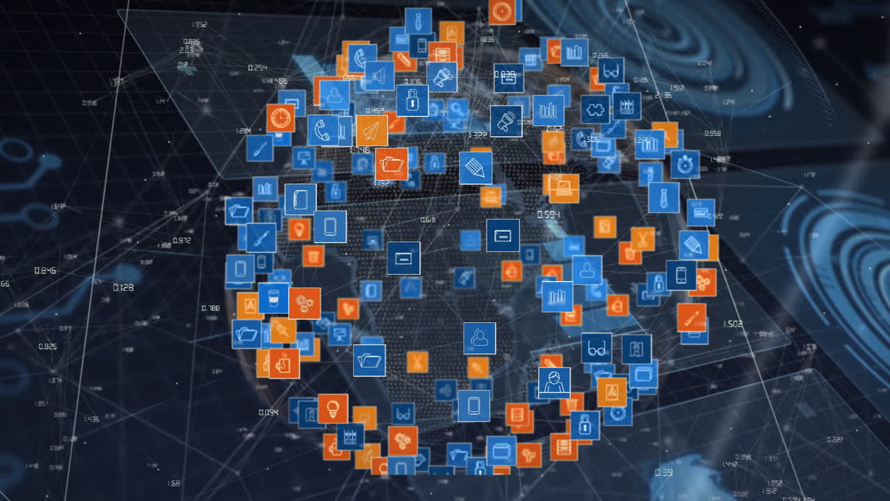 Forming globe shape, digital icons network over technological animation background