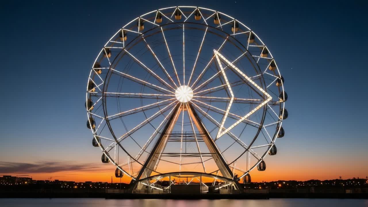 Captivating Evening View of a Majestic Ferris Wheel Illuminated by Vibrant Lights Against the Backdrop of a Stunning Twilight Sky