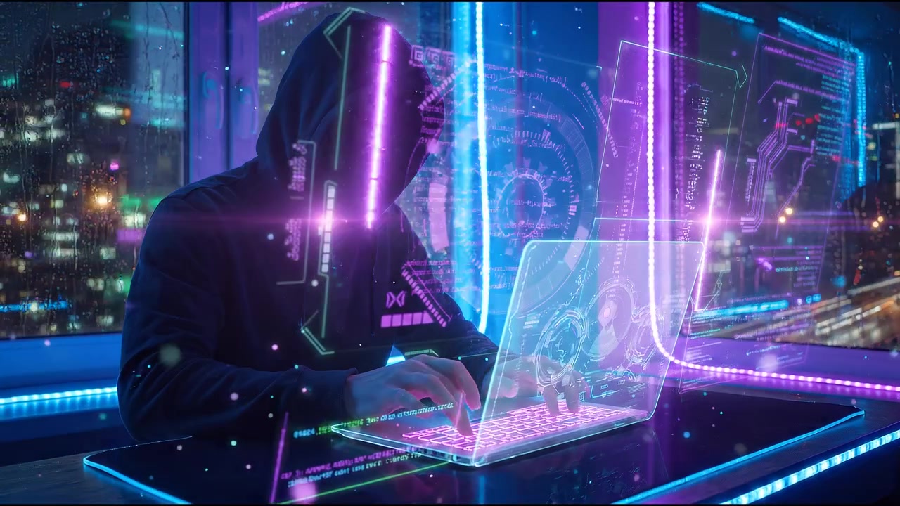 Mysterious hooded hacker typing on glowing transparent laptop surrounded by floating software code displays