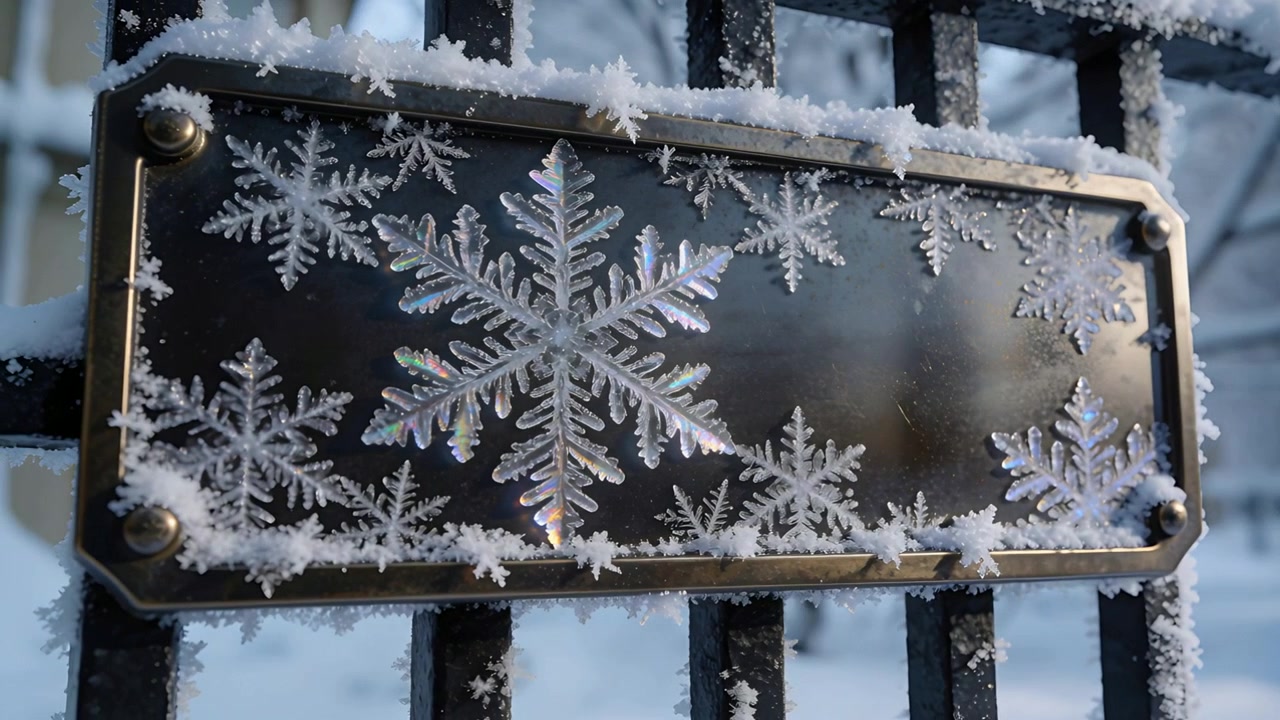 Camera shifting, revealing metal plaque with shimmering snowflake, frost and bolts at snowy gate