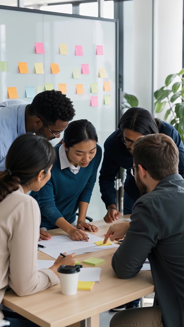 Diverse group of business colleagues collaborating on a project in a modern office meeting room