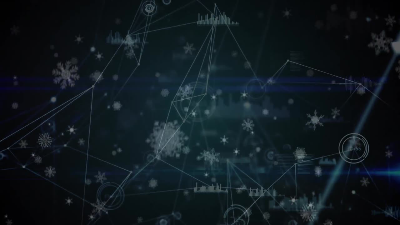 Animation of snow falling over network of connections and data processing