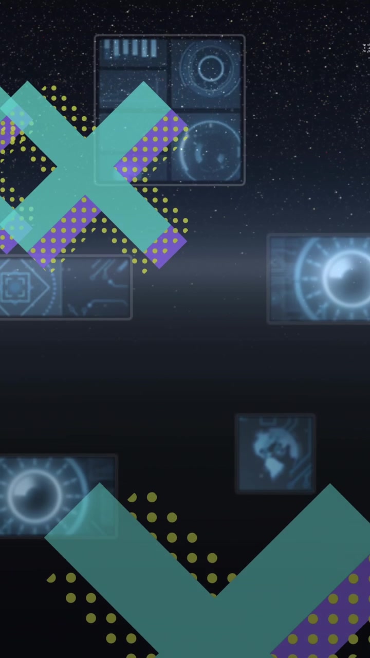 Aniamation of crosses and screens with diverse data floating in black space