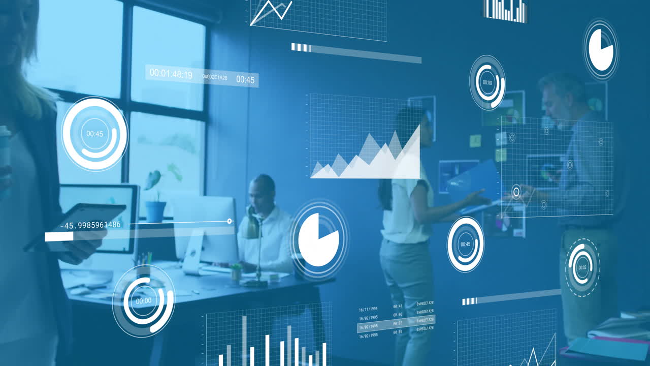 Animazione dell'elaborazione di dati finanziari con diversi colleghi che discutono di lavoro in ufficio