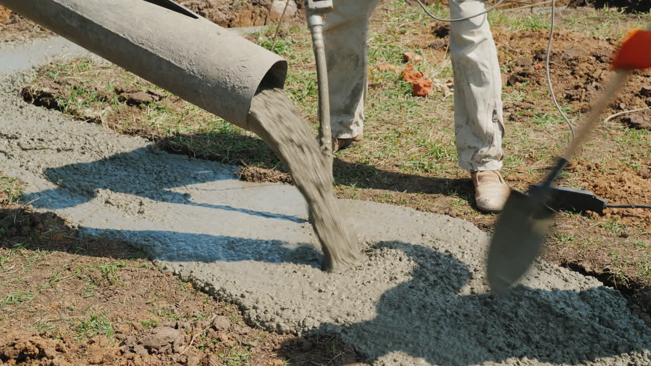 작업자는 진동기 구조와 힘든 작업 개념으로 콘크리트를 압축합니다.