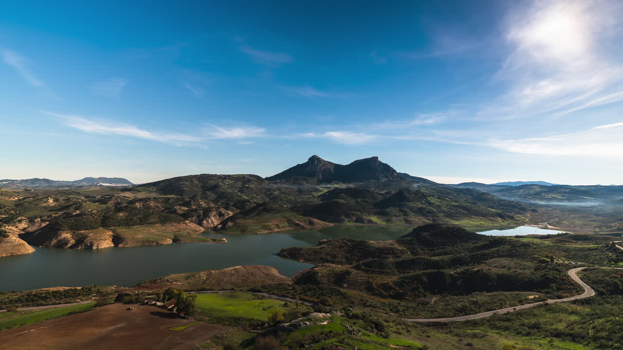 Majestic Spain landscape with lake and mountains, time lapse view
