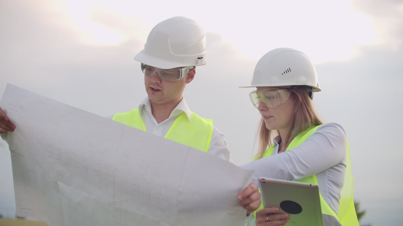 ingeniero y supervisor con tablet pc y los dibujos son sobre líneas y torres de transmisión y discutir el plan de expansión y transporte de energía para pueblos y ciudades