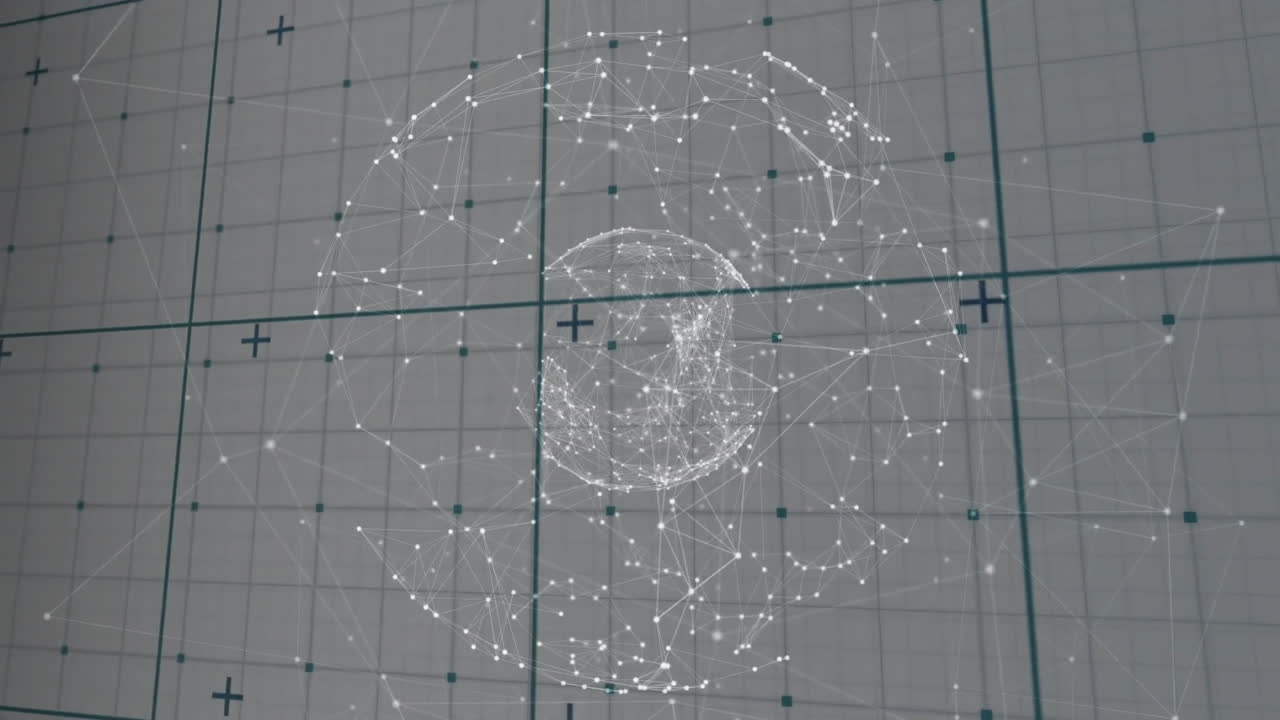 3D wireframe sphere floating over muted grid plane, connecting white nodes with thin lines