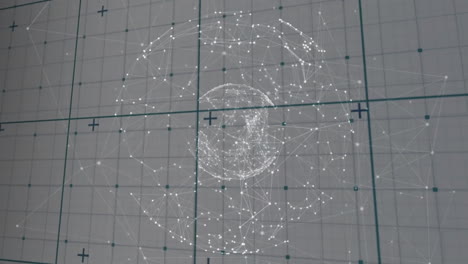3d wireframe sphere floating over muted grid plane, connecting white nodes with thin lines