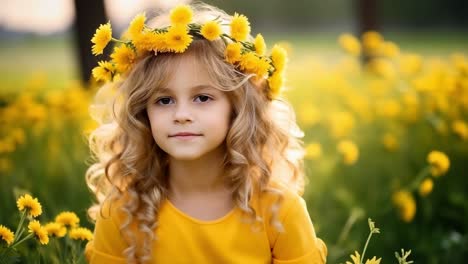 cute blonde girl with curly hair wearing yellow dress and dandelion wreath touching her face while posing in blooming meadow at sunset, enjoying springtime in nature