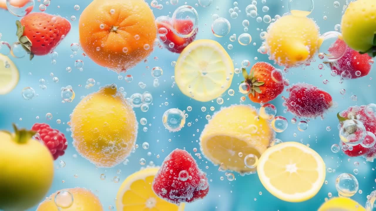 Vibrant fruits like lemons and strawberries float in bubbly water