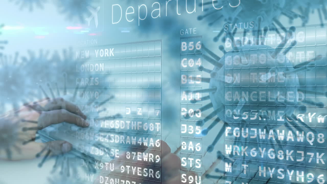 macro virus de la corona que se propaga con la salida del vuelo en el fondo