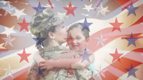 composition of red and blue stars and stripes over mother soldier holding daughter and american flag