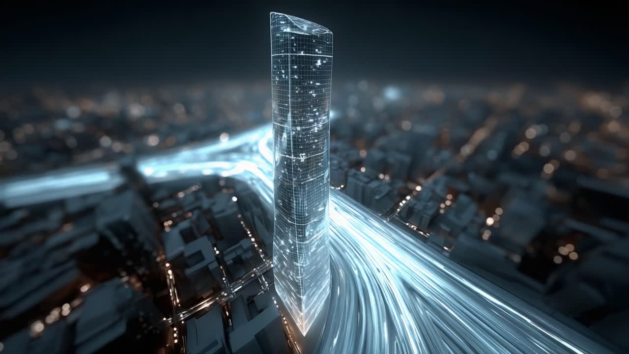Digital representation of a futuristic smart city at night with a central skyscraper, where glowing blue lines visualize the flow of big data, network traffic, and global communication