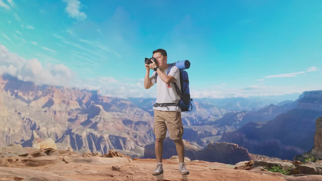 Full Body Of Asian Male Hiker With Mountaineering Backpack Using A Camera Taking Picture While Traveling At The Top Of Mountain