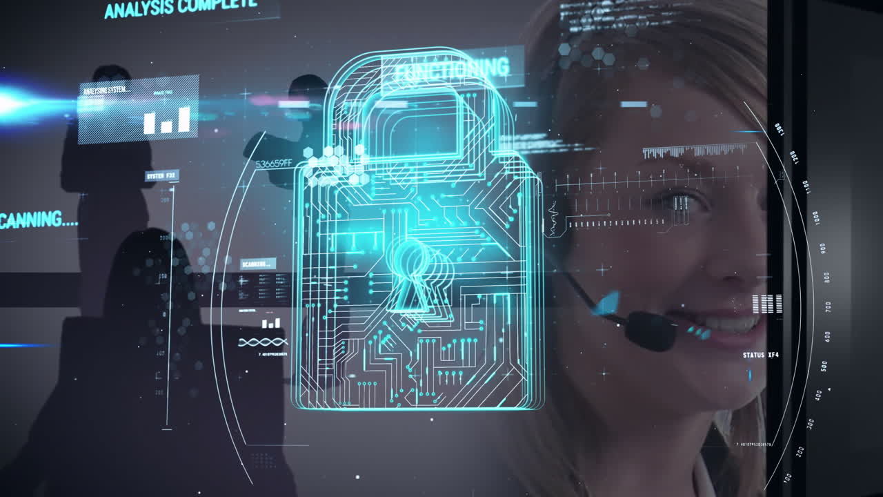 Cybersecurity symbolized by digital lock animation over woman wearing headset