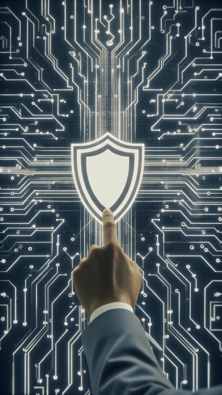 Businessman Touching Digital Shield Icon on Futuristic Interface