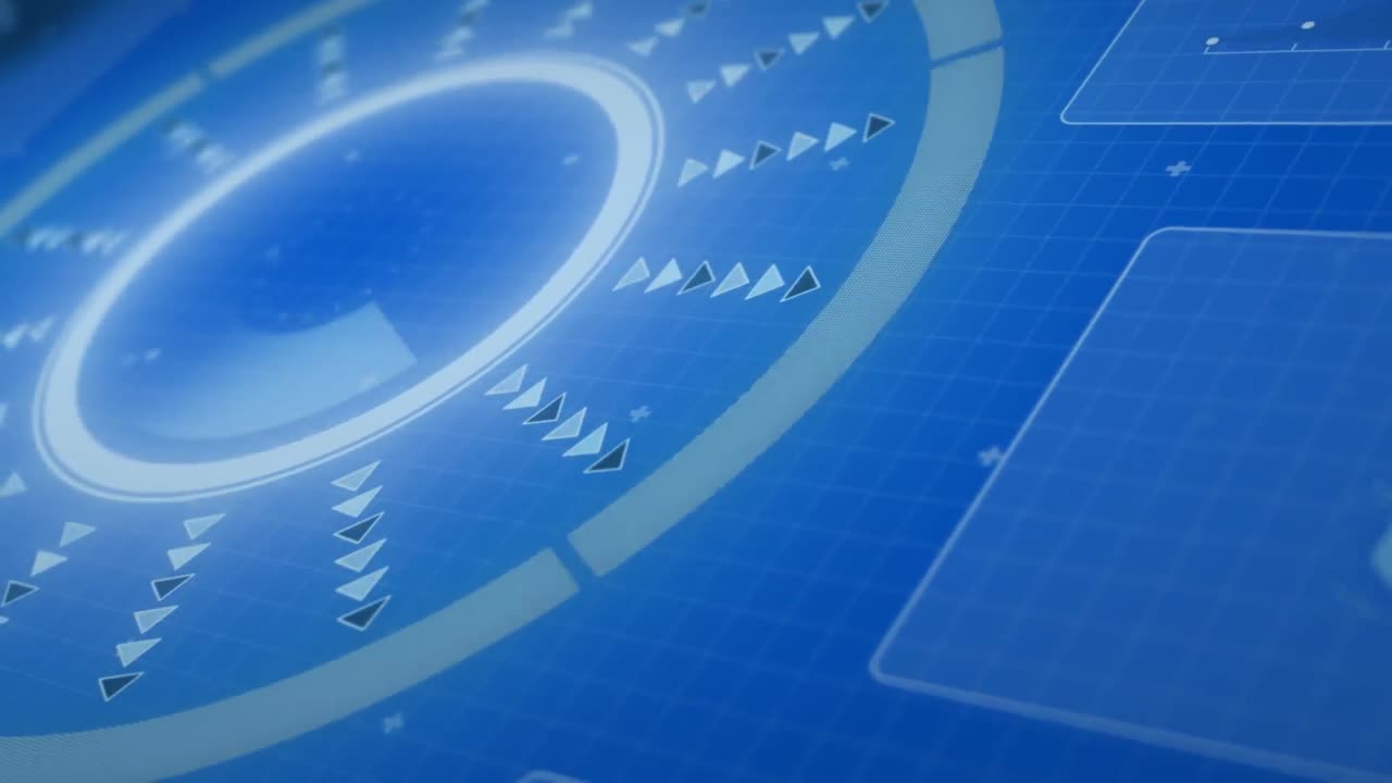 파란색 배경에 대한 둥근 스캐너, 마이크로프로세서 연결 및 데이터 처리 애니메이션