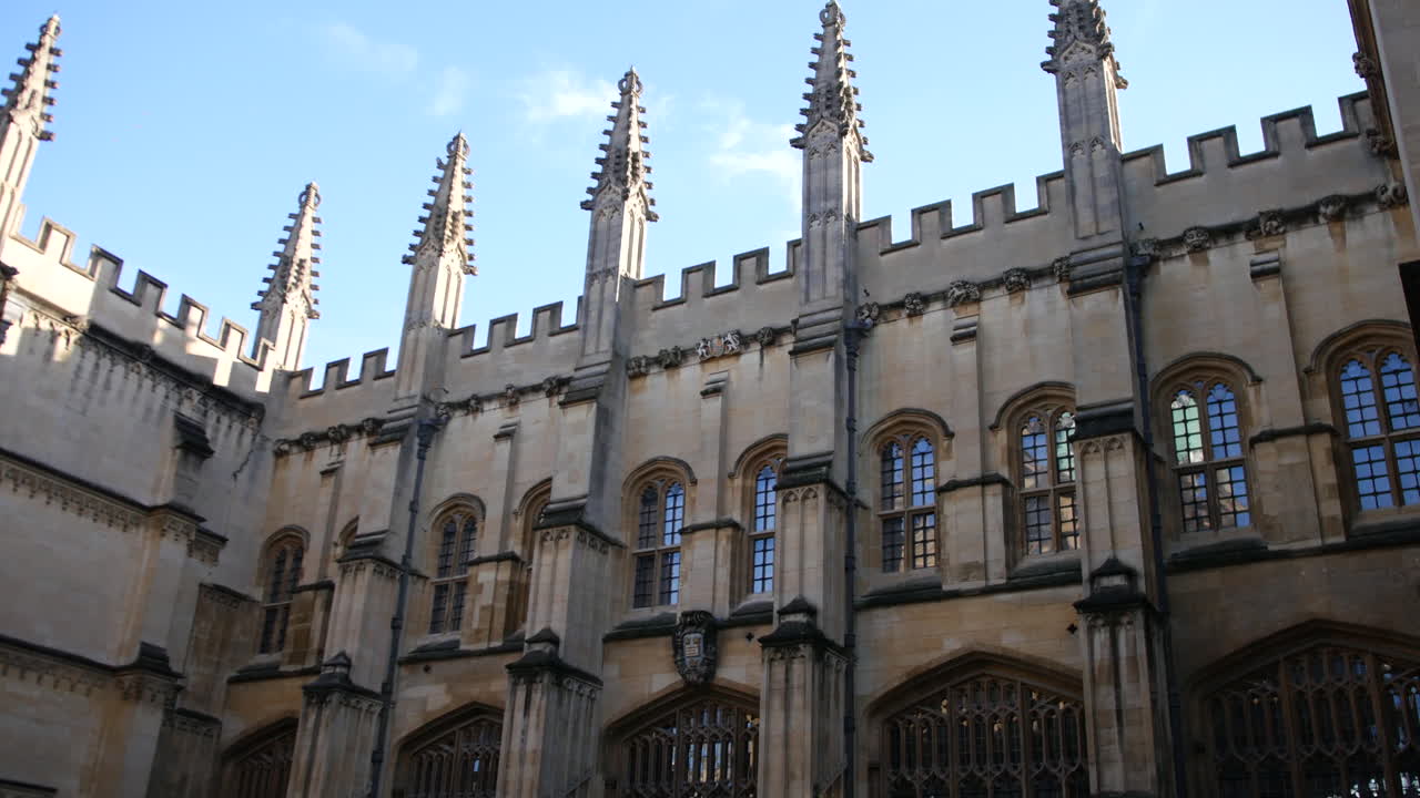 Bygningsgård ved Oxford University med gotiske spir, buede vinduer og steinvegger under blå himmel, vidvinkelutsikt som fremhever symmetri og tradisjonell universitetsarkitektur