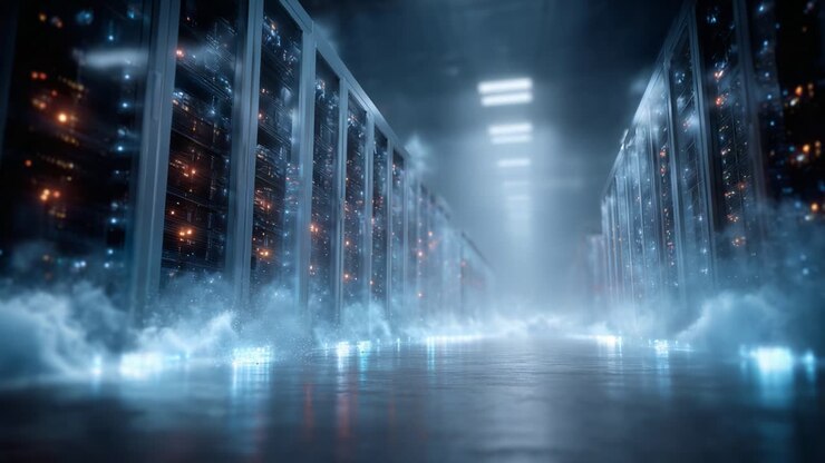 Et fængslende indblik i et futuristisk datacenter: Rækker af serverracks omgivet af gådefuld tåge og glødende lys skaber en imponerende og avanceret teknologisk atmosfære