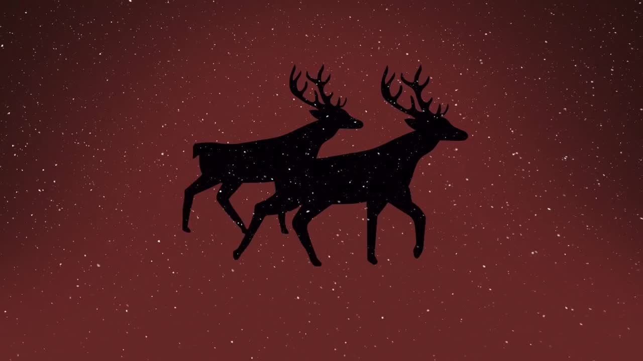 animación de nieve cayendo sobre renos de navidad sobre fondo rojo