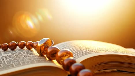 brown prayer beads rest on an open book, illuminated by warm golden light in the background