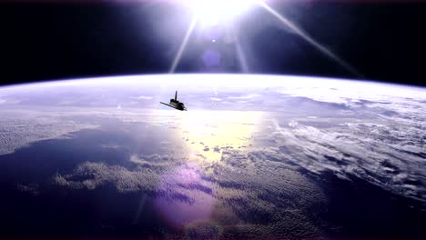 wide angle view of the space shuttle over earth