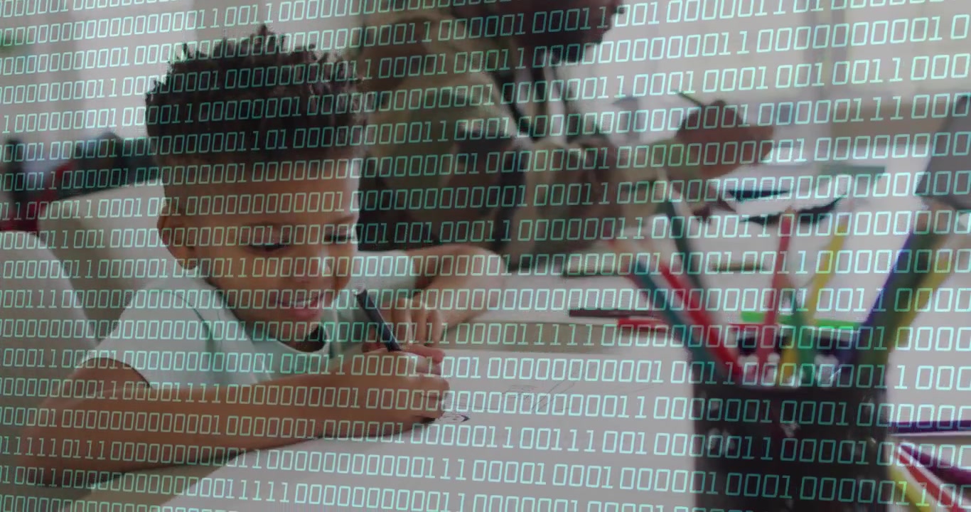 Child leaning and reaching, dad guiding pen on paper, teaching while binary code overlay animating