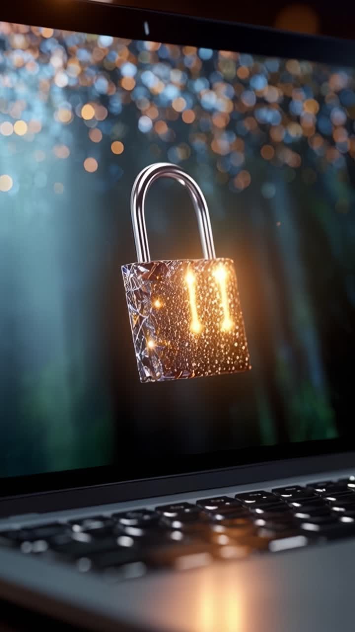 A Floating Digital Lock Illuminates a Computer Screen with Sparkling Lights, Representing Data Security and Protection in a Tech-Driven Environment