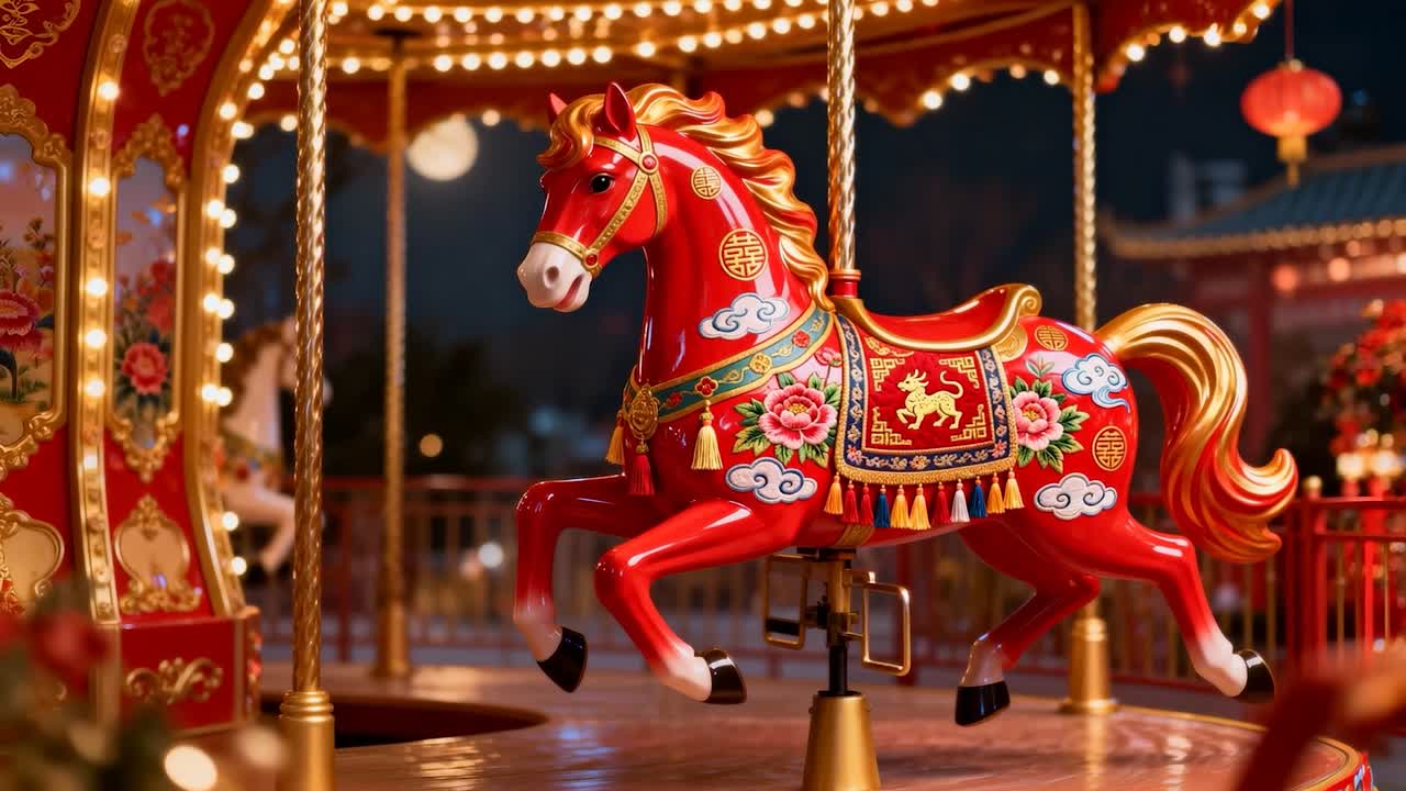 Starting carousel motor sending ornate red horse bobbing on brass pole at night, with lanterns