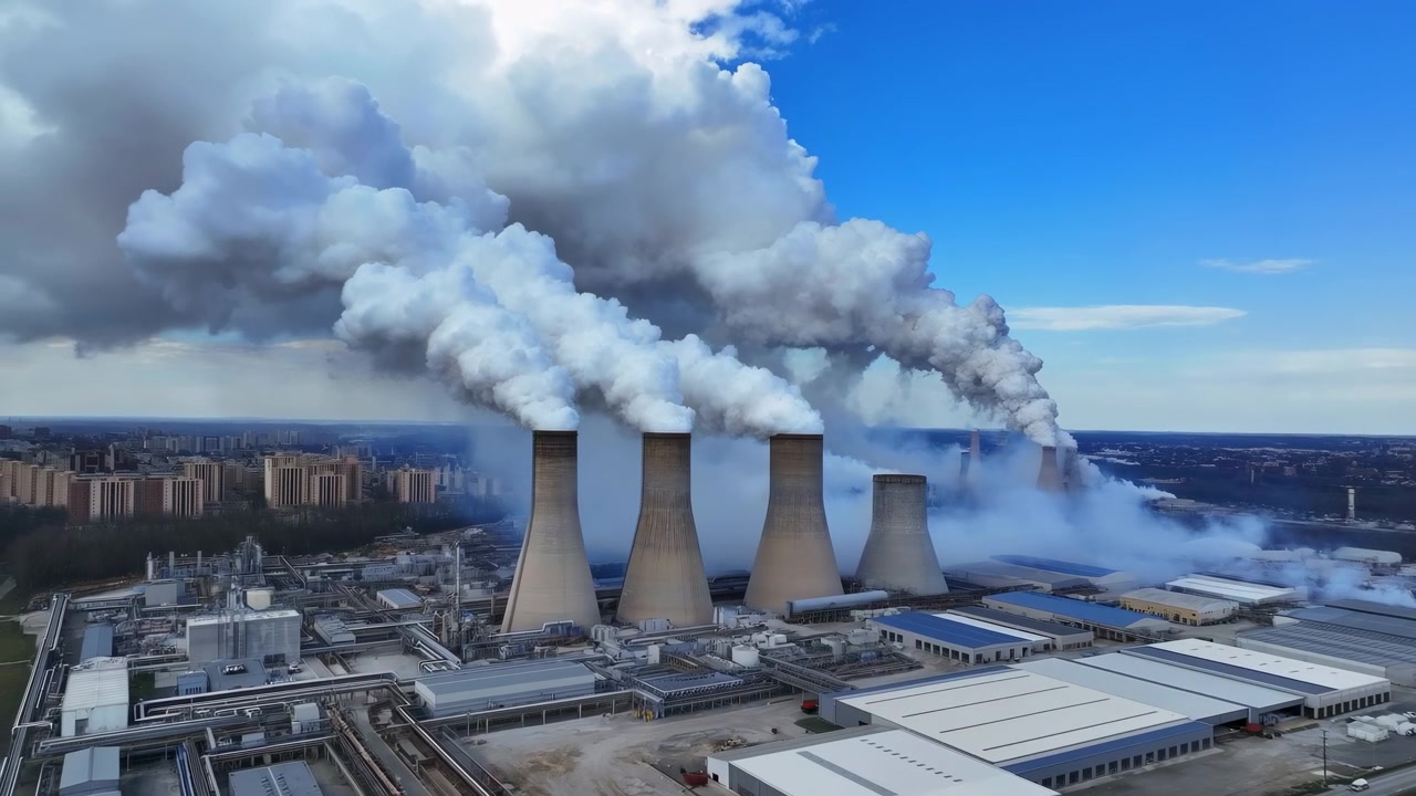 Impianto industriale con ciminiere che emettono fumo in un cielo blu con nuvole bianche, vista aerea dell'impatto ambientale in una giornata di sole, scena industriale e ambientale con metallo e cemento