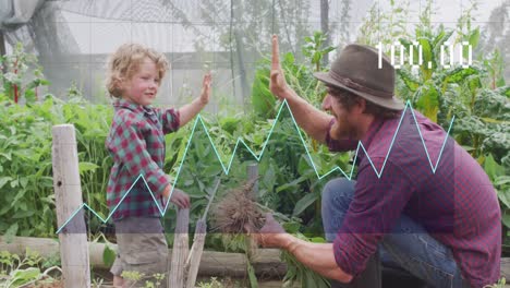 Animación-Del-Procesamiento-De-Datos-Financieros-Sobre-Un-Hombre-Caucásico-Y-Su-Hijo-Trabajando-En-El-Jardín