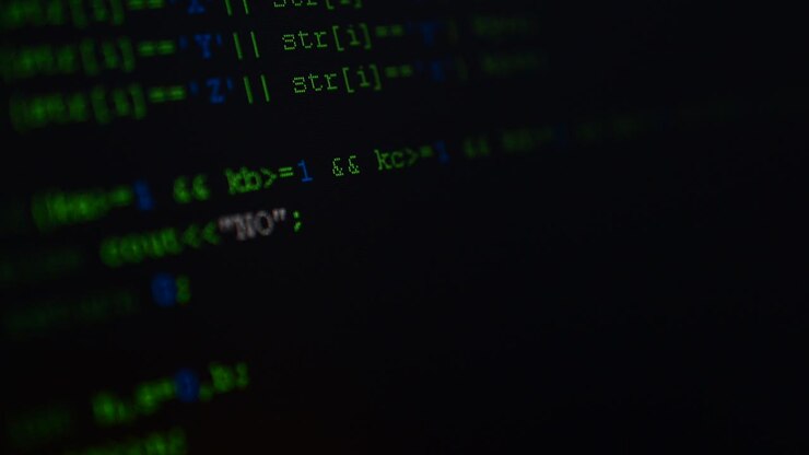 Source code on the monitor screen. Shooting of the text of the computer program