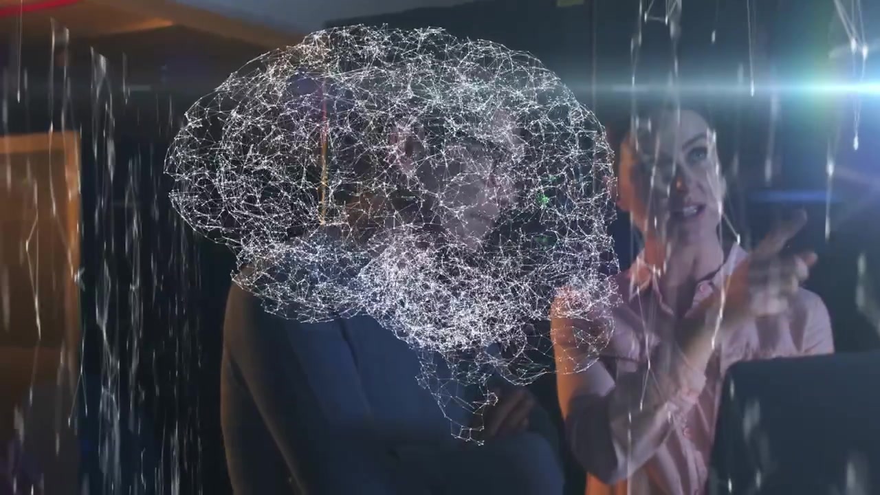 Animazione di un cervello e reti di comunicazione che si muovono sopra un uomo e una donna che parlano in ufficio.