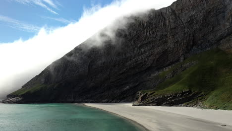 revealing aerial footage of the beach on the island of vaeroy, lofoten islands in norway