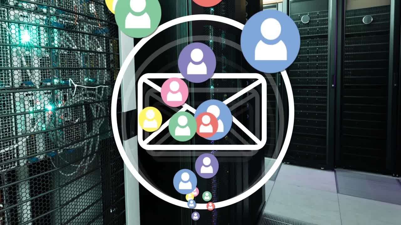 Animation of falling icons and massage icon over server room