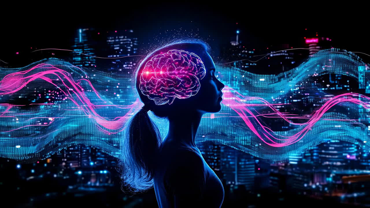Skyline with digital brain waves. A woman silhouettes against a bright skyline, with a glowing brain and colorful digital waves above her head