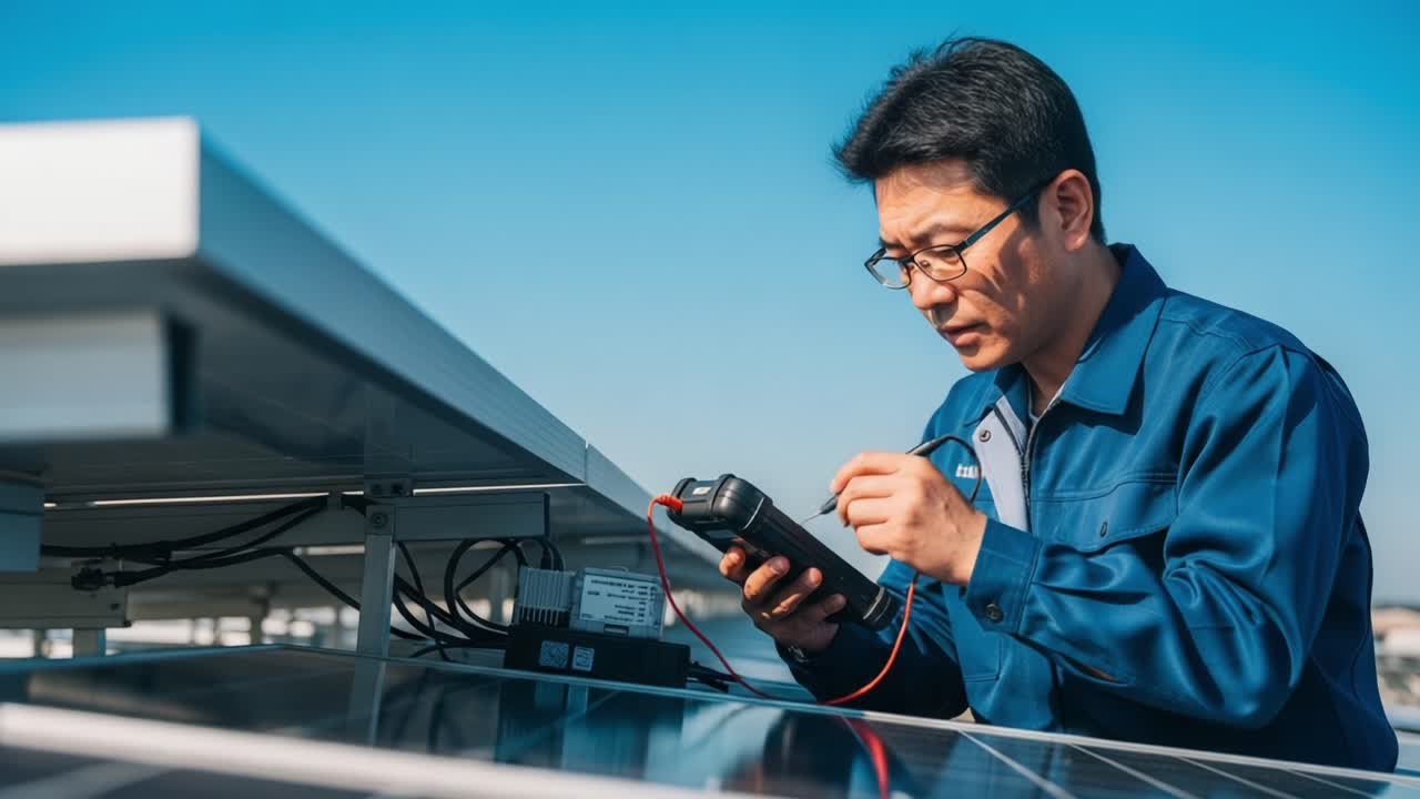 A Technician Performing Solar Panel Maintenance and Inspections Using a Multimeter to Ensure Optimal Energy Generation and Efficiency in a Bright Outdoor Setting