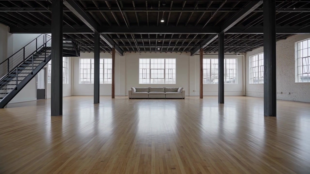 Pushing cam forward, loft revealing 3-seat beige sofa under center window, showing floor reflection