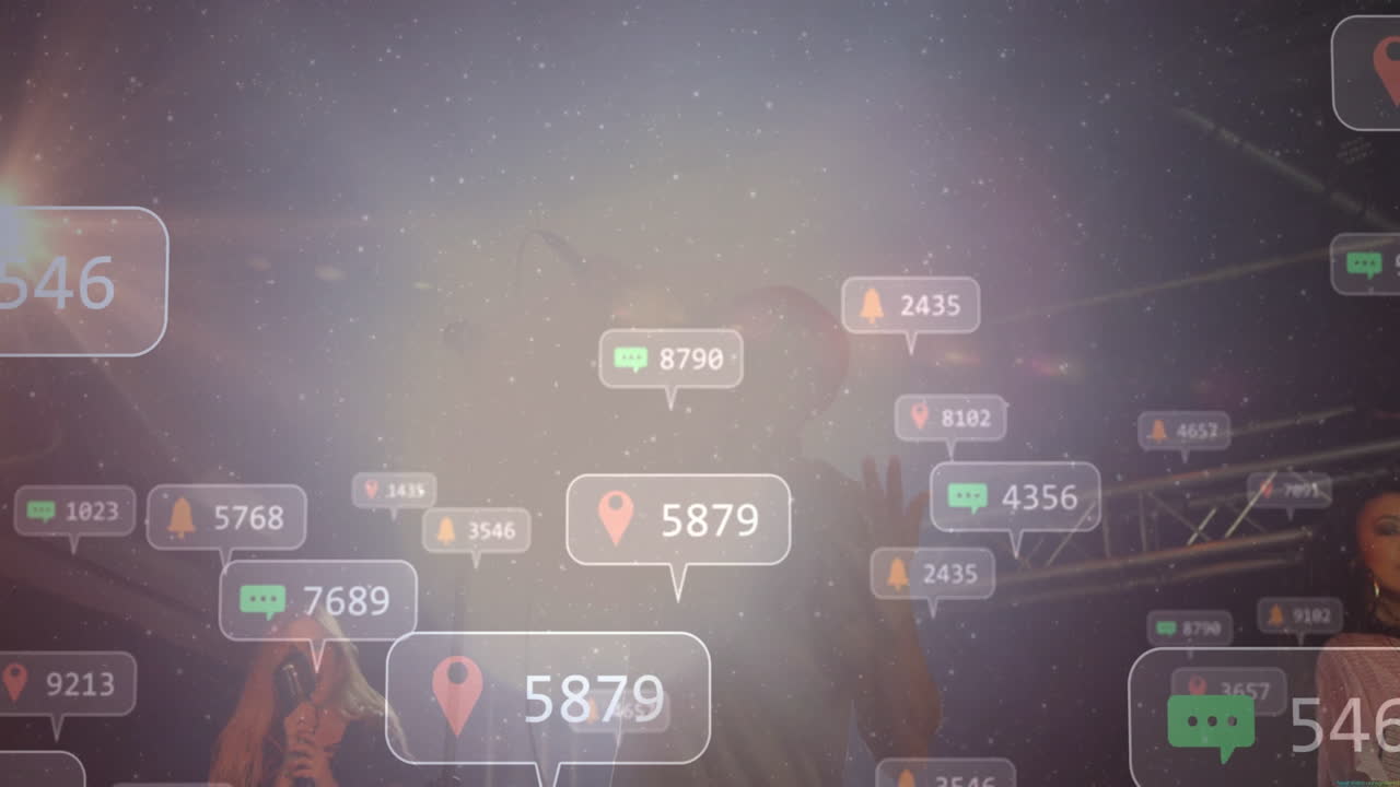 female singer holding mic and band performing on live stage showing social media marketing icons